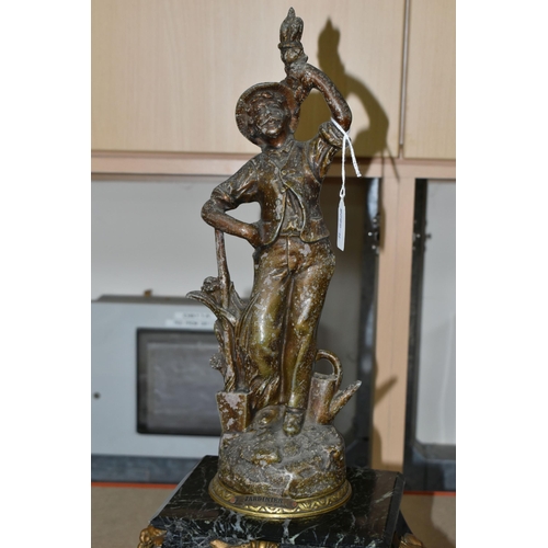 410 - A LATE 19TH/EARLY 20TH CENTURY FRENCH FIGURAL CLOCK, black and white marble base surmounted with a '... 