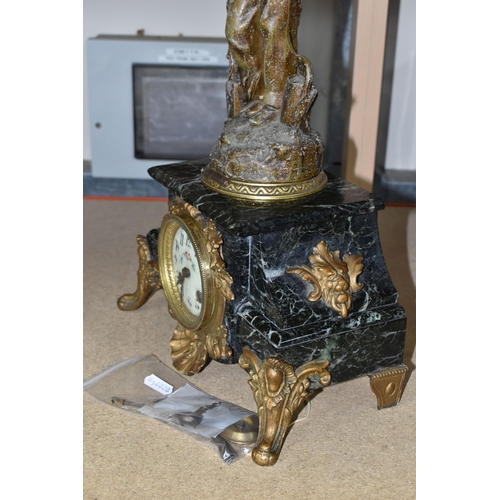 410 - A LATE 19TH/EARLY 20TH CENTURY FRENCH FIGURAL CLOCK, black and white marble base surmounted with a '... 