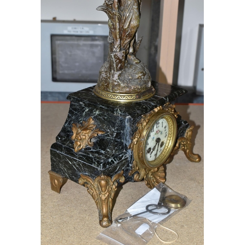 410 - A LATE 19TH/EARLY 20TH CENTURY FRENCH FIGURAL CLOCK, black and white marble base surmounted with a '... 