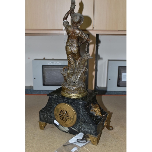 410 - A LATE 19TH/EARLY 20TH CENTURY FRENCH FIGURAL CLOCK, black and white marble base surmounted with a '... 