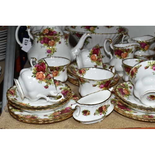 412 - A ROYAL ALBERT 'OLD COUNTRY ROSES' PATTERN TEA SET, comprising a teapot (cracked lid), cake plate, t... 