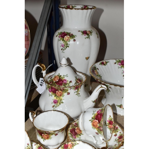 412 - A ROYAL ALBERT 'OLD COUNTRY ROSES' PATTERN TEA SET, comprising a teapot (cracked lid), cake plate, t... 