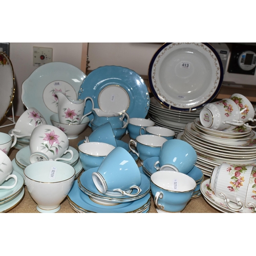 413 - THREE ASSORTED TEA SETS AND THREE MID 20TH CENTURY GLASS LIGHT SHADES, comprising a Royal Albert 'El... 