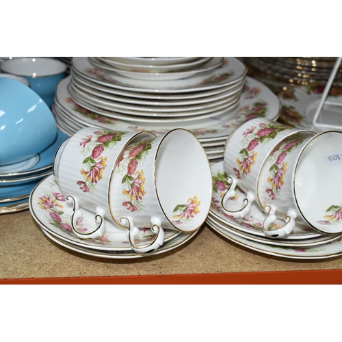 413 - THREE ASSORTED TEA SETS AND THREE MID 20TH CENTURY GLASS LIGHT SHADES, comprising a Royal Albert 'El... 