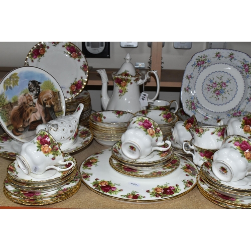 414 - ROYAL ALBERT 'OLD COUNTRY ROSES' PATTERN DINNERWARE, comprising a cake stand, coffee pot, fourteen f... 