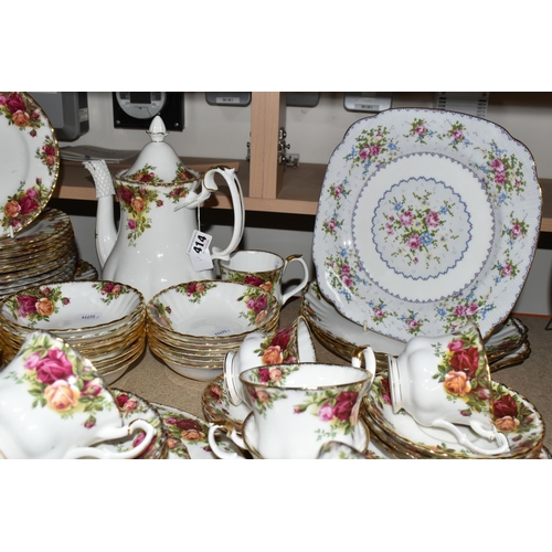 414 - ROYAL ALBERT 'OLD COUNTRY ROSES' PATTERN DINNERWARE, comprising a cake stand, coffee pot, fourteen f... 