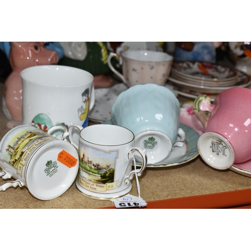 415 - A GROUP OF TEAWARE, NATWEST PIGGIES AND CABINET PLATES, comprising two small Aynsley loving cups to ... 