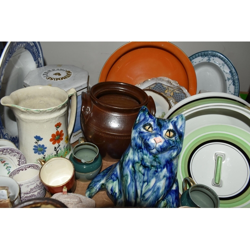 416 - THREE BOXES OF CERAMICS, to include a Wade 406 blue jug, an early ceramic light switch, a Royal Doul... 