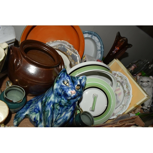 416 - THREE BOXES OF CERAMICS, to include a Wade 406 blue jug, an early ceramic light switch, a Royal Doul... 