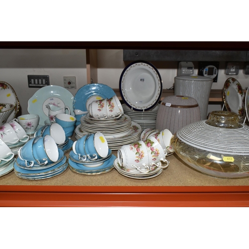 413 - THREE ASSORTED TEA SETS AND THREE MID 20TH CENTURY GLASS LIGHT SHADES, comprising a Royal Albert 'El... 