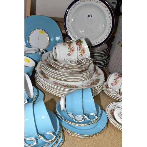 413 - THREE ASSORTED TEA SETS AND THREE MID 20TH CENTURY GLASS LIGHT SHADES, comprising a Royal Albert 'El... 