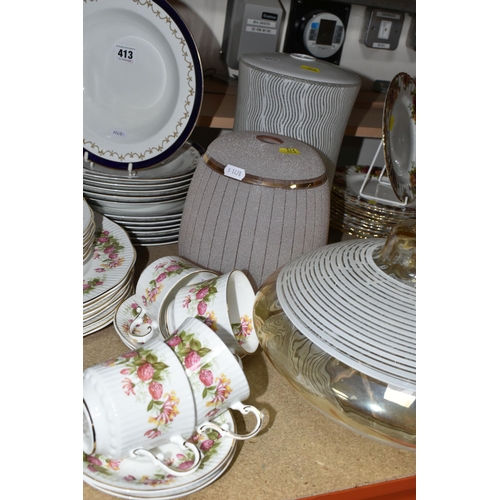 413 - THREE ASSORTED TEA SETS AND THREE MID 20TH CENTURY GLASS LIGHT SHADES, comprising a Royal Albert 'El... 