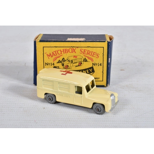 12 - FIVE BOXED LESNEY MATCHBOX SERIES MODEL DIE-CAST VEHICLES,  the first a Moko Lesney Daimler Ambulanc... 