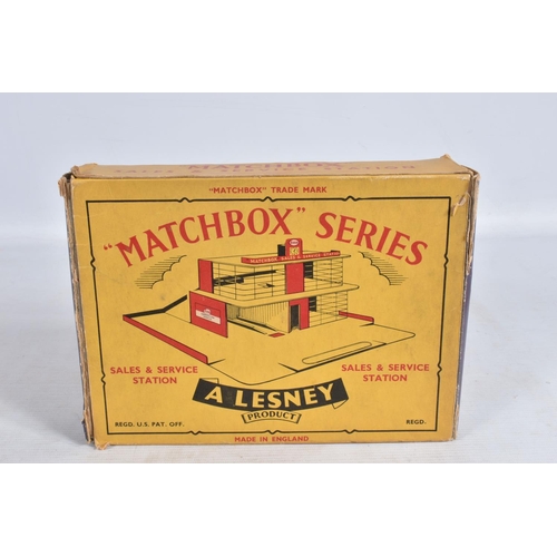 17 - A BOXED LESNEY MATCHBOX SERIES SALES AND SERVICE STATION, yellow and red in construction with a two ... 