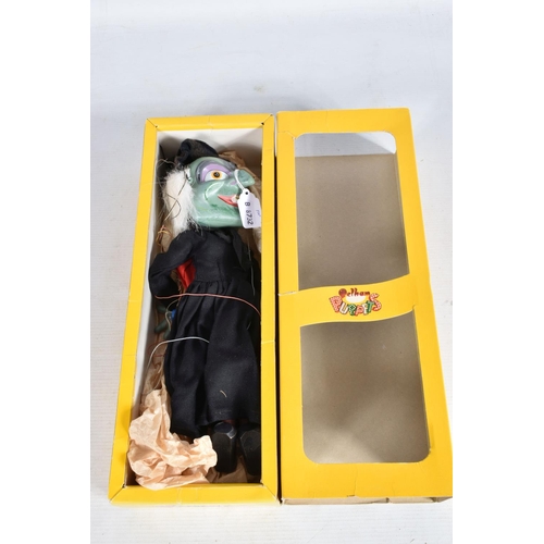 49 - FOUR BOXED PELHAM PUPPETS, SL10 Green faced Witch, SM Witch with Broom, SL Prince Charming and SL Ci... 