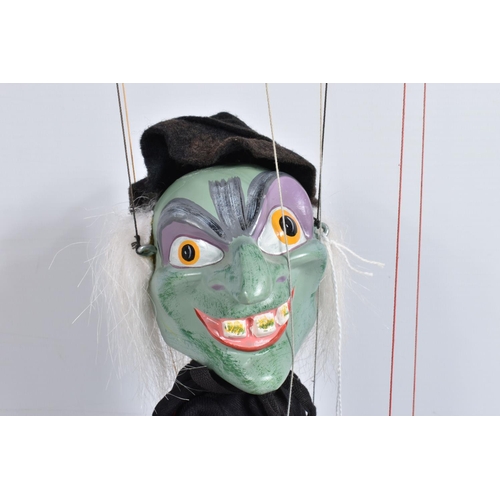 49 - FOUR BOXED PELHAM PUPPETS, SL10 Green faced Witch, SM Witch with Broom, SL Prince Charming and SL Ci... 