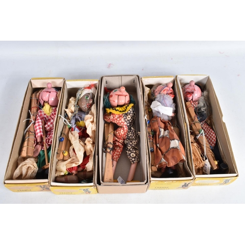 58 - FIVE BOXED PELHAM PUPPETS, SL Snake Charmer with Snake, SM Farmer with Hammer, SM Clown, SM Witch wi... 