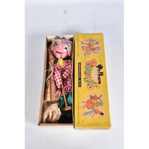 58 - FIVE BOXED PELHAM PUPPETS, SL Snake Charmer with Snake, SM Farmer with Hammer, SM Clown, SM Witch wi... 