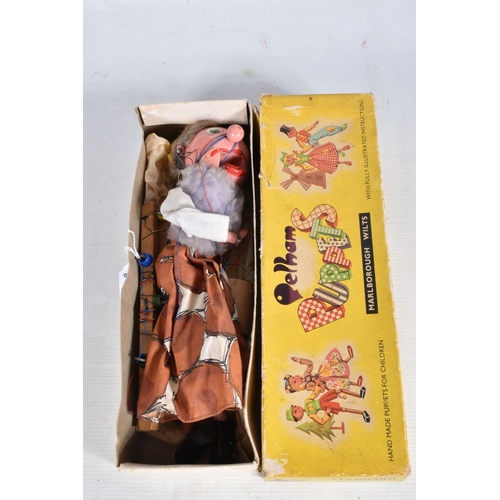 58 - FIVE BOXED PELHAM PUPPETS, SL Snake Charmer with Snake, SM Farmer with Hammer, SM Clown, SM Witch wi... 