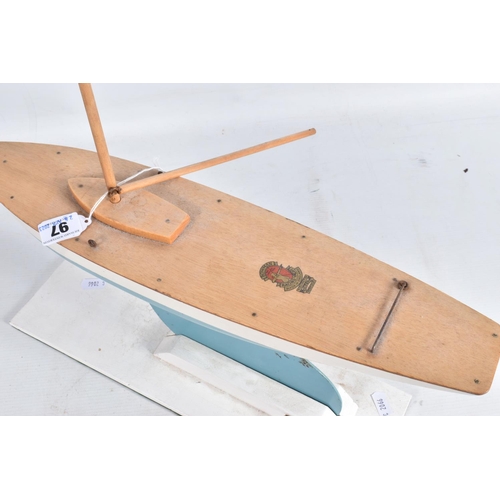 97 - TWO MID-20th CENTURY MODEL BOWMAN POND RACING YACHTS, the first a Bowman 'Gull' boat, painted sky bl... 