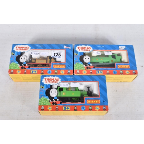 126 - THREE BOXED HORNBY RAILWAYS OO GAUGE THOMAS AND FRIENDS LOCOMOTIVES, 'Duck' No.8 green livery (R382)... 