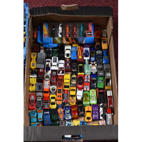 145 - FOUR TRAYS OF UNBOXED PLAYWORN DIECAST HOT WHEELS MODEL VEHICLES, ranging from cars, trucks, heavy l... 