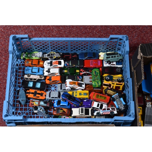 145 - FOUR TRAYS OF UNBOXED PLAYWORN DIECAST HOT WHEELS MODEL VEHICLES, ranging from cars, trucks, heavy l... 