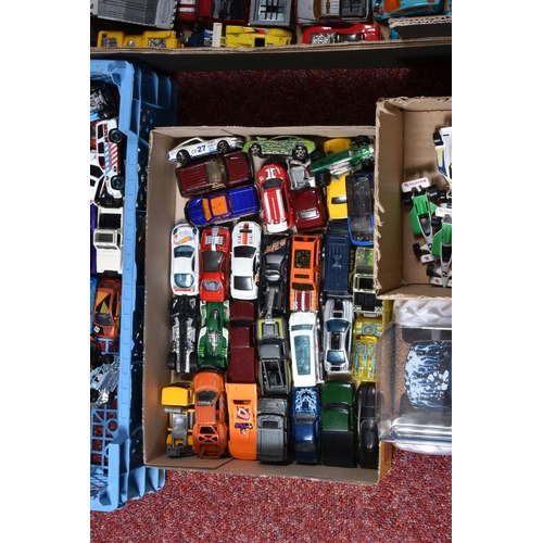 145 - FOUR TRAYS OF UNBOXED PLAYWORN DIECAST HOT WHEELS MODEL VEHICLES, ranging from cars, trucks, heavy l... 