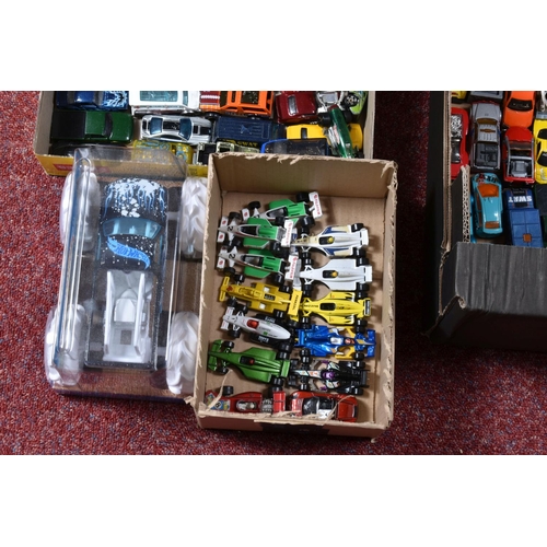 145 - FOUR TRAYS OF UNBOXED PLAYWORN DIECAST HOT WHEELS MODEL VEHICLES, ranging from cars, trucks, heavy l... 