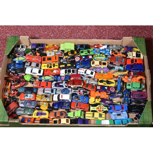 147 - FOUR TRAYS OF UNBOXED AND PLAYWORN HOT WHEELS MODEL VEHICLES, to incldue cars, planes, motorcycles, ... 