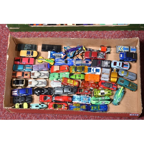 147 - FOUR TRAYS OF UNBOXED AND PLAYWORN HOT WHEELS MODEL VEHICLES, to incldue cars, planes, motorcycles, ... 