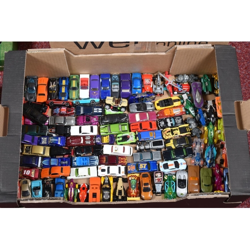 147 - FOUR TRAYS OF UNBOXED AND PLAYWORN HOT WHEELS MODEL VEHICLES, to incldue cars, planes, motorcycles, ... 