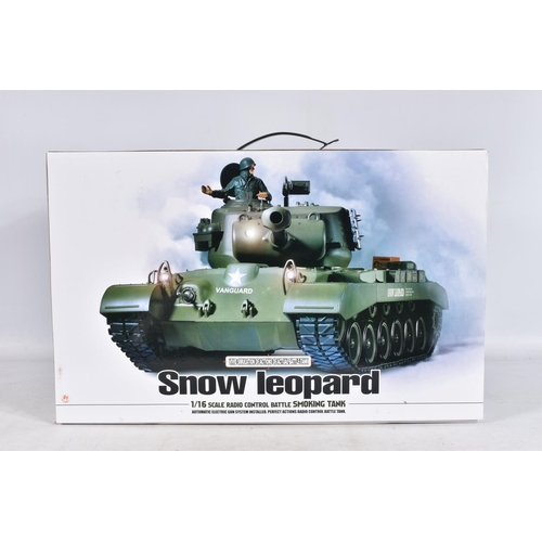 149 - A BOXED HENG LONG SQS 1/16 SCALE RADIO CONTROLELD SNOW LEOPARD BATTLE SMOKING TANK, the box features... 