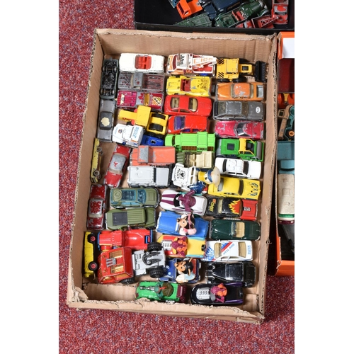 151 - A QUANTITY OF UNBOXED PLAYWORN DIECAST MATCHBOX VEHICLES,  presented in six boxes to include superfa... 