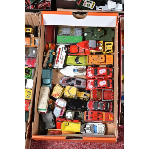 151 - A QUANTITY OF UNBOXED PLAYWORN DIECAST MATCHBOX VEHICLES,  presented in six boxes to include superfa... 