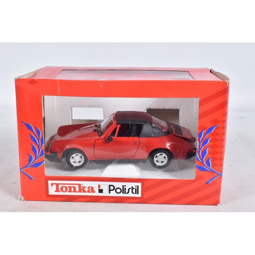 153 - TWO TRAYS OF BOXED TONKA, POLISTIL AND BBURAGO DIECAST MDOEL VEHICLES, to include a Tonka Porsche 91... 