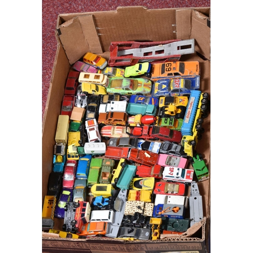 154 - A SELECTION OF VINTAGE PLAYWORN UNBOXED DIECAST MATCHBOX VEHICLES, to include cars, car transporters... 