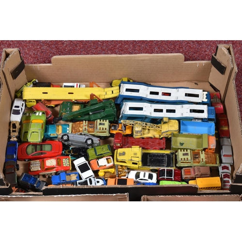 154 - A SELECTION OF VINTAGE PLAYWORN UNBOXED DIECAST MATCHBOX VEHICLES, to include cars, car transporters... 