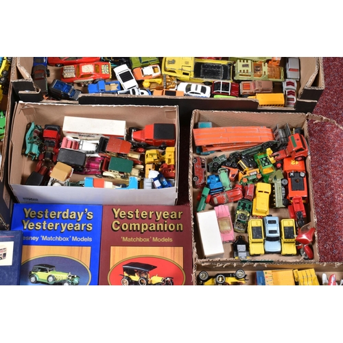 154 - A SELECTION OF VINTAGE PLAYWORN UNBOXED DIECAST MATCHBOX VEHICLES, to include cars, car transporters... 