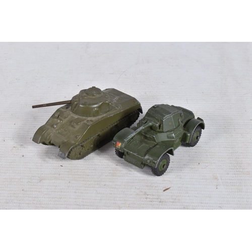 156 - A COLLECTION OF UNBOXED PLAYWORN DIE-CAST DINKY AND CORGI MILITARY VEHICLES, to include a Dinky two ... 