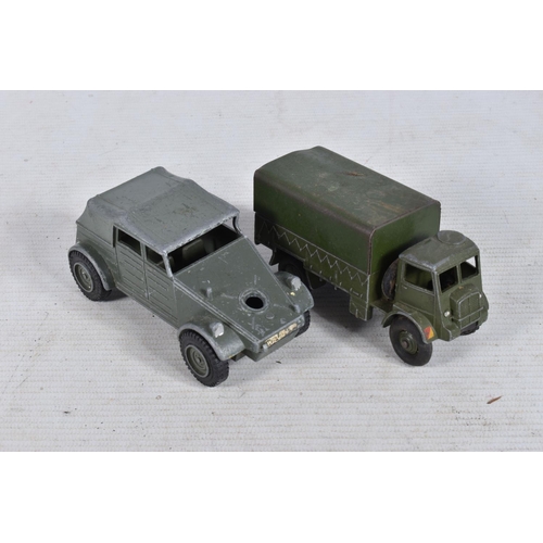 156 - A COLLECTION OF UNBOXED PLAYWORN DIE-CAST DINKY AND CORGI MILITARY VEHICLES, to include a Dinky two ... 