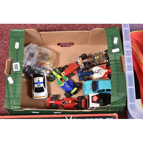 157 - A QUANTITY OF UNBOXED MODERN SCALEXTRIC RACING CARS AND TRUCKS, with a boxed Scalextric Grand Prix s... 