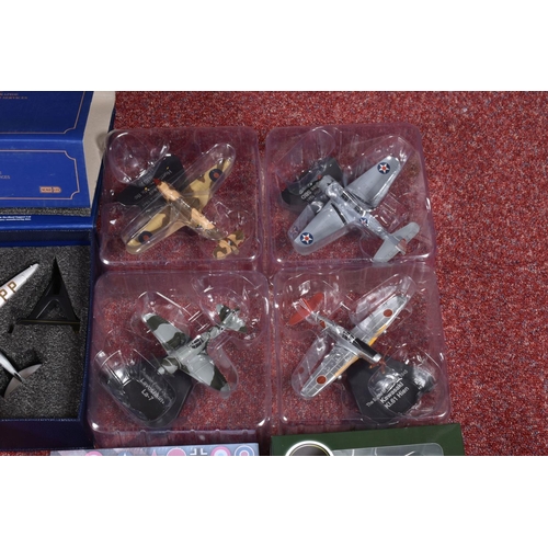 163 - TWO BOXES OF BOXED MODEL AIRCRAFTS, ALONG WITH AVIATION POSTCARDS AND DVDS ETC, to include boxed 1:7... 