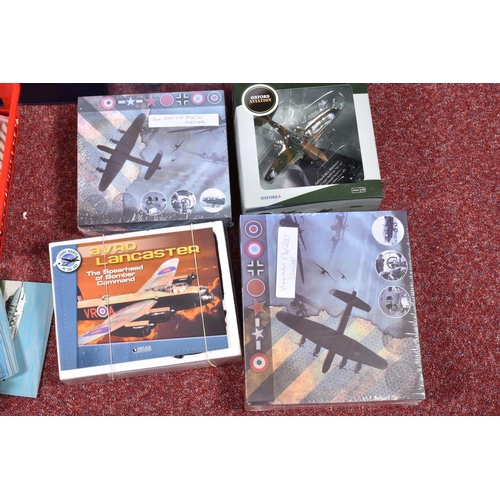 163 - TWO BOXES OF BOXED MODEL AIRCRAFTS, ALONG WITH AVIATION POSTCARDS AND DVDS ETC, to include boxed 1:7... 