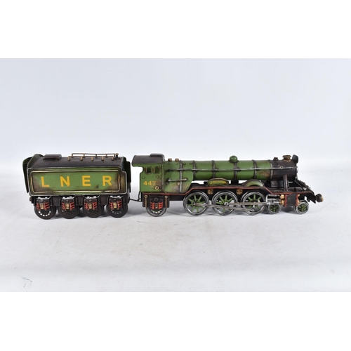 179 - TWO MODERN TINPLATE MODELS OF FAMOUS LOCOMOTIVES, 'Flying Scotsman' and 'Mallard', a distressed Horn... 