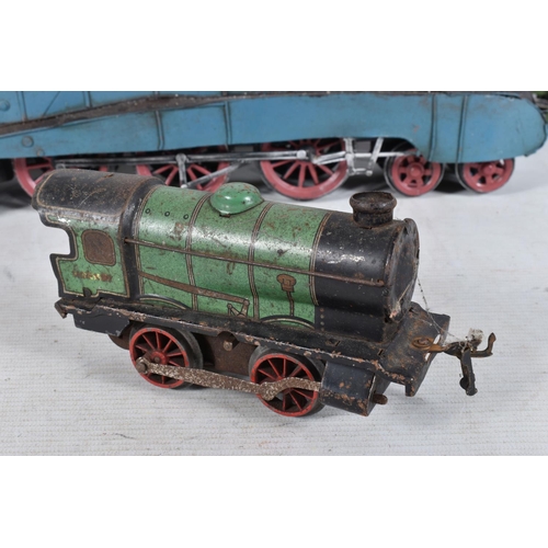 179 - TWO MODERN TINPLATE MODELS OF FAMOUS LOCOMOTIVES, 'Flying Scotsman' and 'Mallard', a distressed Horn... 