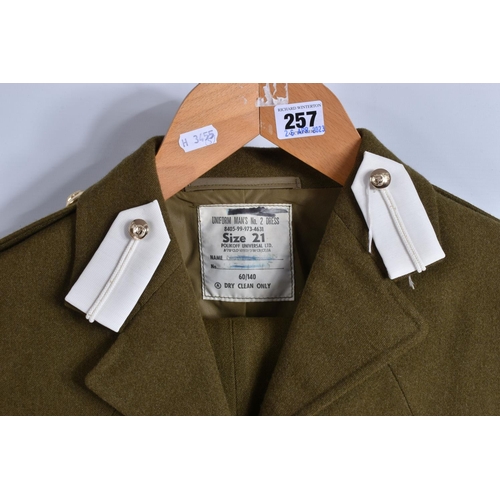 257 - TWO MILITARY NUMBER 2 DRESS UNIFORMS, to include a blue RAF one with VR collar titles, RAF brass but... 