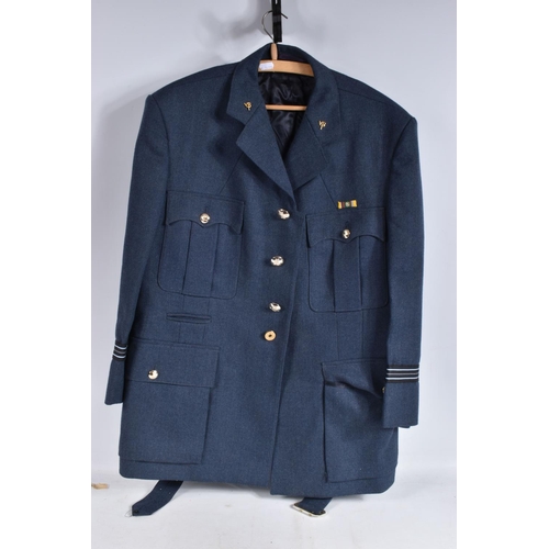 257 - TWO MILITARY NUMBER 2 DRESS UNIFORMS, to include a blue RAF one with VR collar titles, RAF brass but... 