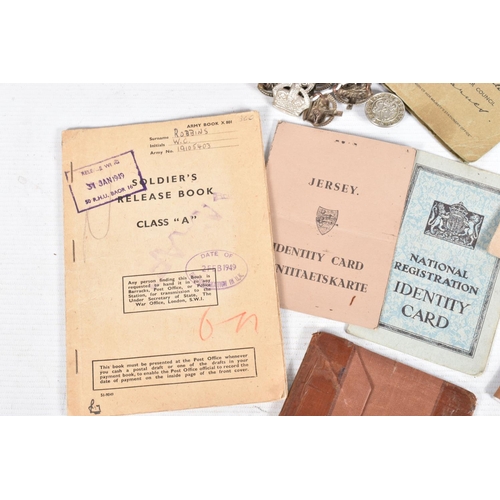 316 - VARIOUS MILITARY RELATED PASSBOOKS, ID cards, certificates, a WWII Loyal service badge and some rank... 