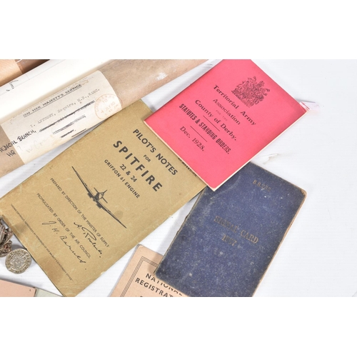 316 - VARIOUS MILITARY RELATED PASSBOOKS, ID cards, certificates, a WWII Loyal service badge and some rank... 